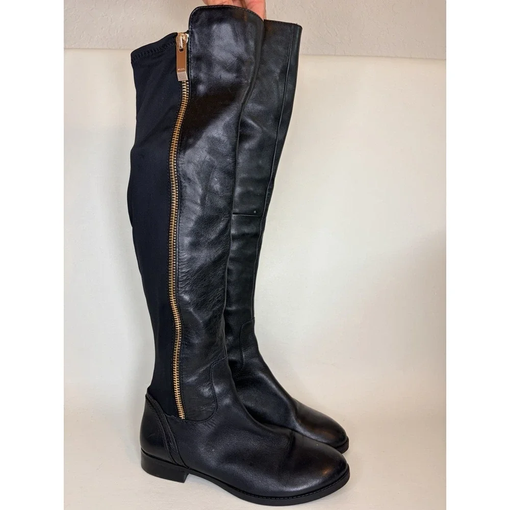 Aldo Aahliyah Black Leather Over The Knee Faux Zip Boots Size 8‎ (Elastic Back)